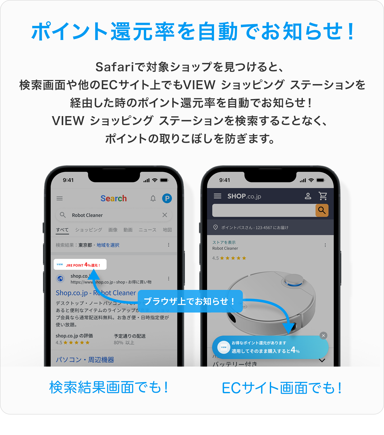 ポイント還元率を自動でお知らせ！Safariで対象ショップを見つけると、
検索画面や他のECサイト上でもVIEW ショッピング ステーションを
経由した時のポイント還元率を自動でお知らせ！
VIEW ショッピング ステーションを検索することなく、
ポイントの取りこぼしを防ぎます。