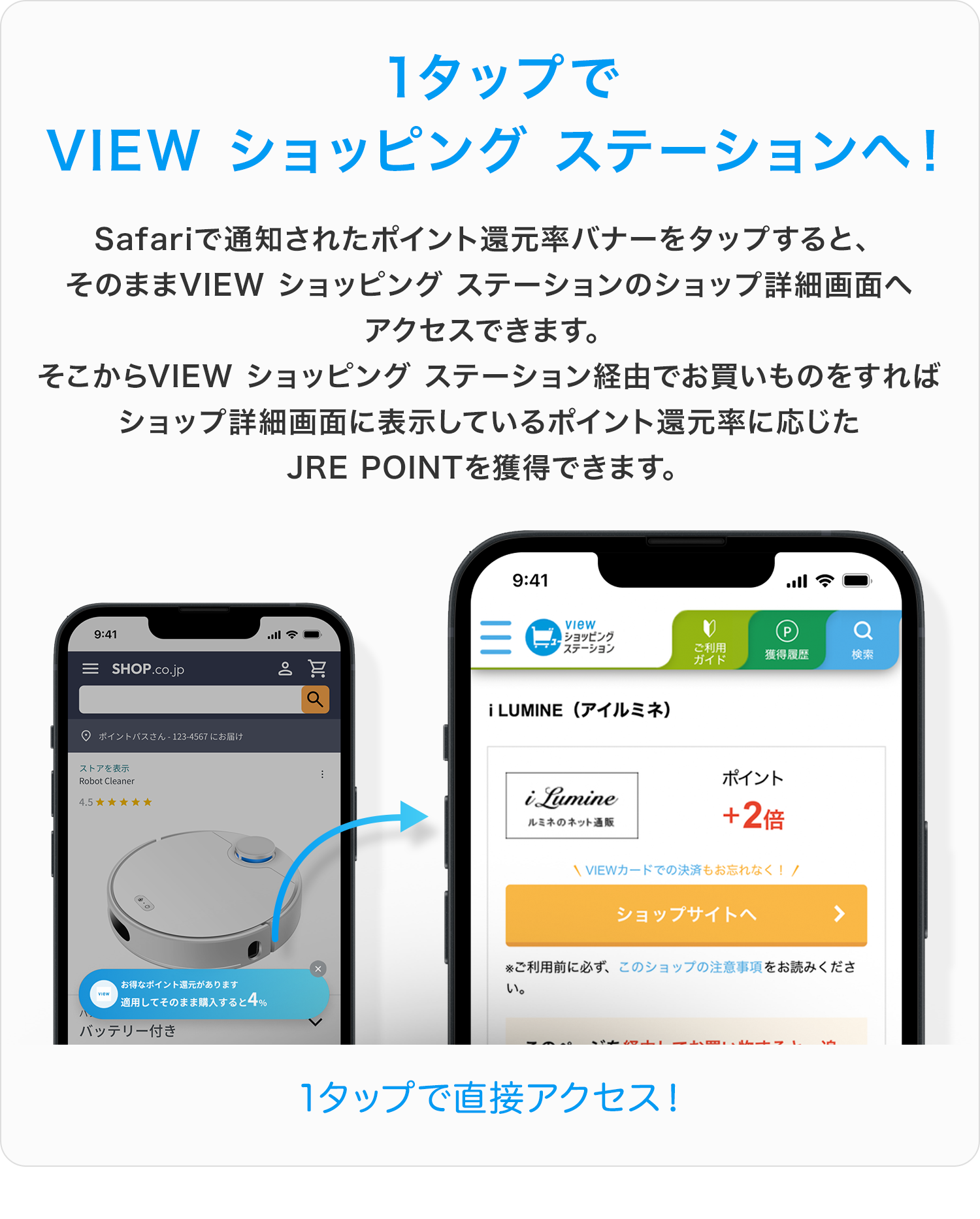 1タップで
VIEW ショッピング ステーションへ！Safariで通知されたポイント還元率バナーをタップすると、
そのままVIEW ショッピング ステーションのショップ詳細画面へ
アクセスできます。
そこからVIEW ショッピング ステーション経由でお買いものをすれば
ショップ詳細画面に表示しているポイント還元率に応じた
JRE POINTを獲得できます。